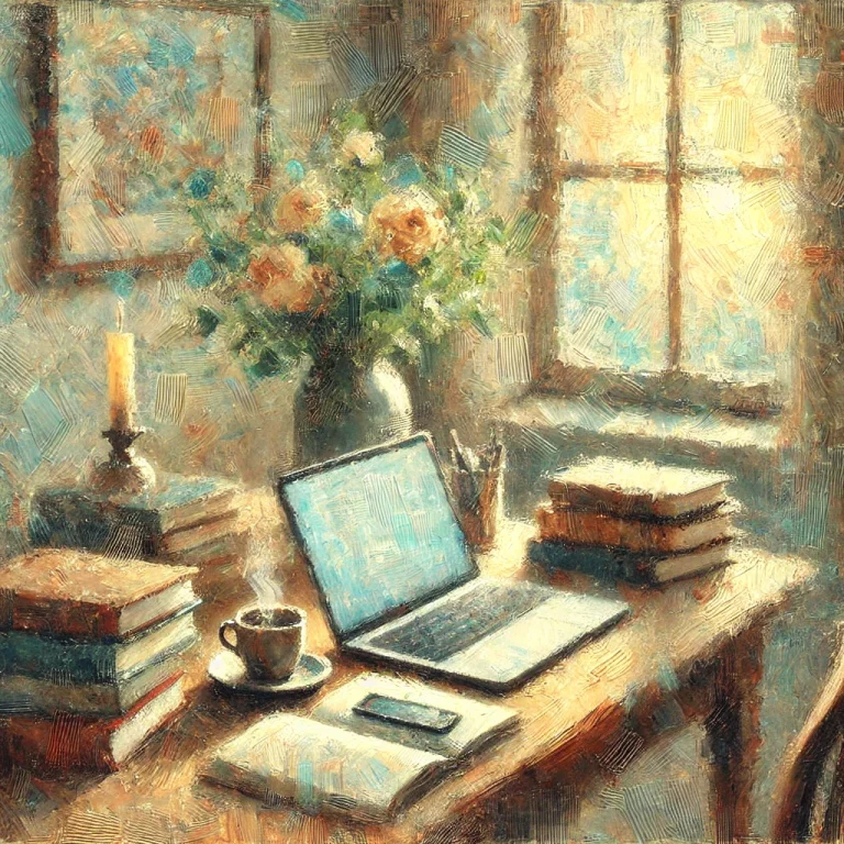 "Image en style impressionniste créé par IA, d'un bureau avec un ordinateur portable posé sur une table en bois, entouré de livres, de notes et d'une tasse de café. Une lumière douce provenant d'une fenêtre illumine l'arrière-plan, créant une ambiance paisible et chaleureuse."