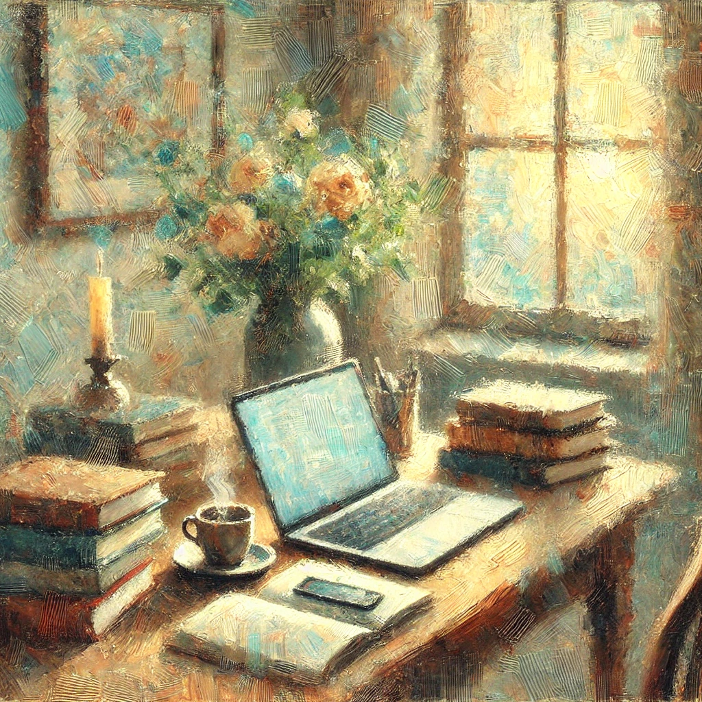"Image en style impressionniste créé par IA, d'un bureau avec un ordinateur portable posé sur une table en bois, entouré de livres, de notes et d'une tasse de café. Une lumière douce provenant d'une fenêtre illumine l'arrière-plan, créant une ambiance paisible et chaleureuse."