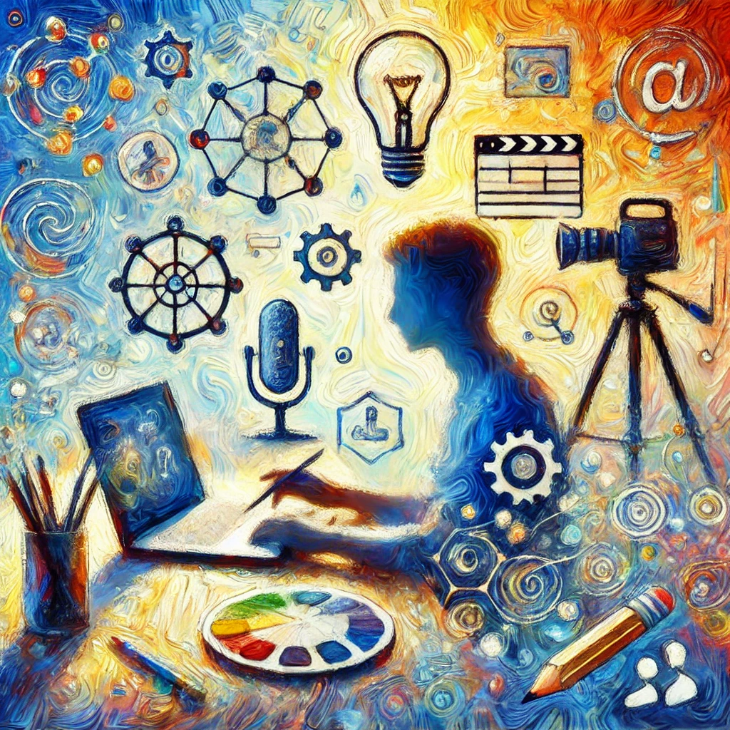 Une peinture impressionniste IA ,colorée représentant une personne en train de créer une vidéo éducative. On y voit un ordinateur portable, un microphone et une caméra, symbolisant le processus de production. Autour de la personne, des éléments flottants illustrent des idées : bulles de texte, schémas et icônes de montage vidéo. L’ambiance est lumineuse et inspirante, avec des couleurs vives et des touches de lumière douce.