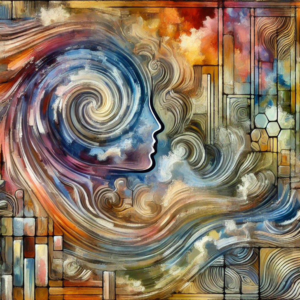 Image générée par intelligence artificielle. Peinture impressionniste abstraite représentant les biais cognitifs dans la formation des adultes. L'œuvre présente des formes dynamiques, des lignes fluides et des motifs fragmentés symbolisant la confusion, les distorsions de perception et les processus de pensée. Les couleurs évoluent de tons doux à des teintes vives, illustrant la prise de conscience progressive et le dépassement des biais. La composition, avec ses coups de pinceau texturés et ses éléments superposés, évoque la complexité et la réflexion.