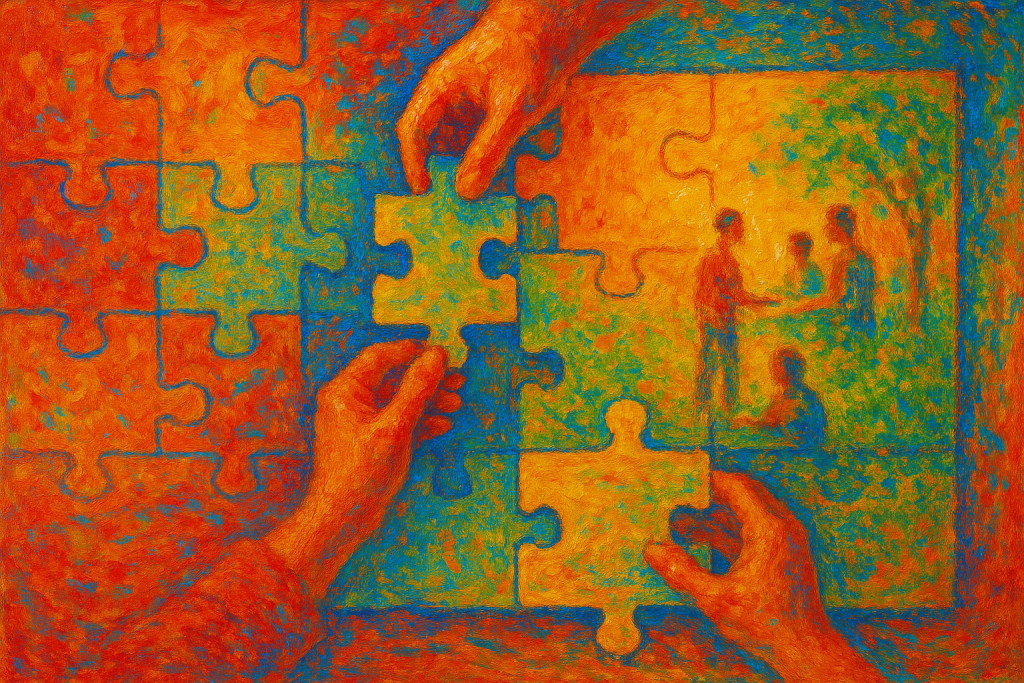 Image générée par intelligence artificielle. Peinture de style impressionniste représentant des mains assemblant un puzzle aux couleurs vives. L’image symbolise l’emboîtement progressif des éléments nécessaires pour construire une formation, de la progression pédagogique jusqu’au scénario pédagogique