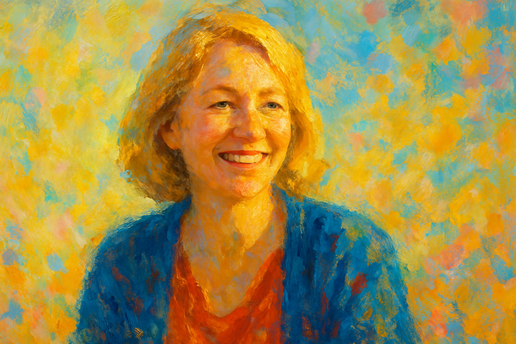 mage générée par intelligence artificielle dans un style impressionniste : portrait d’une femme souriante, aux cheveux blonds, sur un fond lumineux et coloré. Elle incarne la bienveillance et le rôle de soutien du formateur en formation d’adultes.