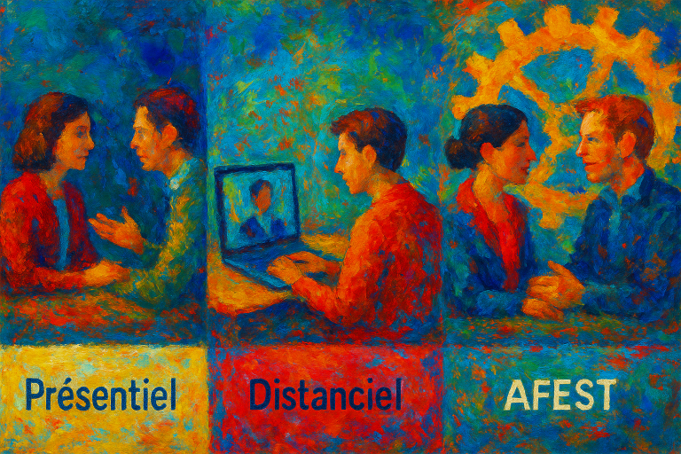 Image IA : Peinture impressionniste vivante et colorée illustrant les trois modalités pédagogiques : présentiel (échange face à face), distanciel (formation en ligne sur ordinateur), et AFEST (apprentissage en situation de travail avec une grande roue dentée à l’arrière-plan). Les titres sont bien lisibles : Présentiel, Distanciel, AFEST.