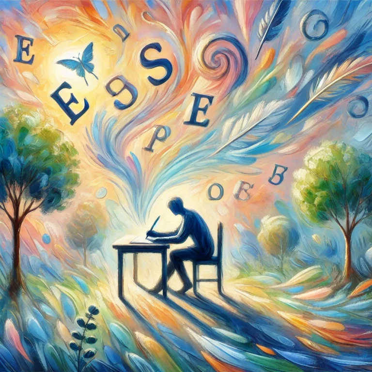 Une peinture impressionniste lumineuse montrant une personne assise à une petite table en pleine nature, écrivant paisiblement. Autour d’elle, des touches de couleurs flottent dans les airs — bleu, rose, jaune, vert — symbolisant l’imagination libre. Les mots s’échappent de la feuille sous forme de formes abstraites. L’ambiance est douce, rêveuse et inspirante.