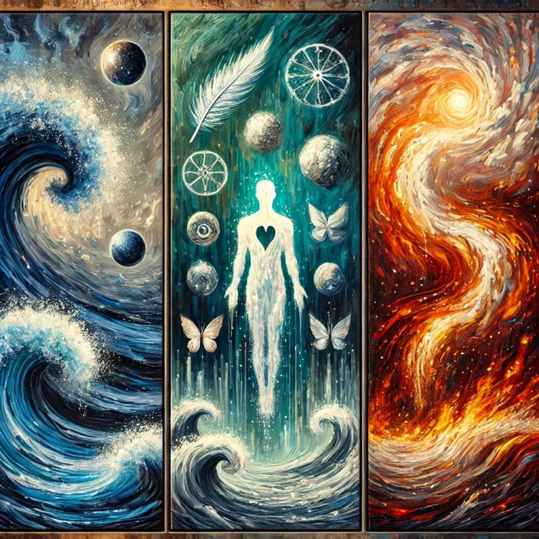 Triptyque impressionniste abstrait représentant trois erreurs transformées : vagues sombres (don excessif), air en spirale avec plume (trop de conciliation), étincelles rouges (temps mal géré), et une silhouette lumineuse centrale symbolisant l’équilibre retrouvé.