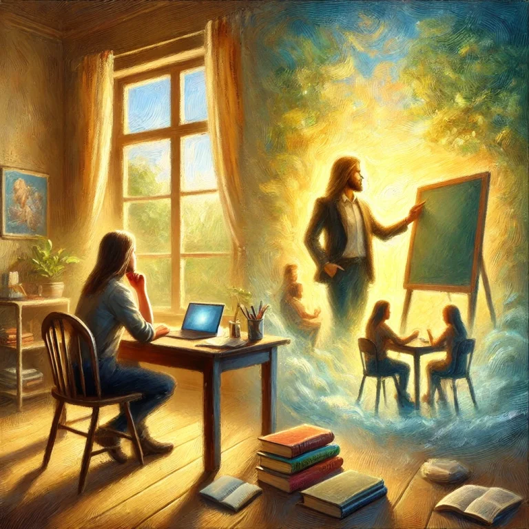 Peinture impressionniste montrant un adulte pensif assis à un bureau, baigné d’une lumière douce. À gauche, des outils d’apprentissage – livres, cahiers, ordinateur – symbolisent son parcours d’apprenant. À droite, la scène se transforme en une vision floue où la même personne se tient debout devant un petit groupe, devenant formateur. Les couleurs chaudes et les contours estompés traduisent la réflexion, l’aspiration et la transition vers un nouveau rôle.