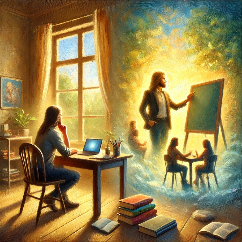 Peinture impressionniste montrant un adulte pensif assis à un bureau, baigné d’une lumière douce. À gauche, des outils d’apprentissage – livres, cahiers, ordinateur – symbolisent son parcours d’apprenant. À droite, la scène se transforme en une vision floue où la même personne se tient debout devant un petit groupe, devenant formateur. Les couleurs chaudes et les contours estompés traduisent la réflexion, l’aspiration et la transition vers un nouveau rôle.