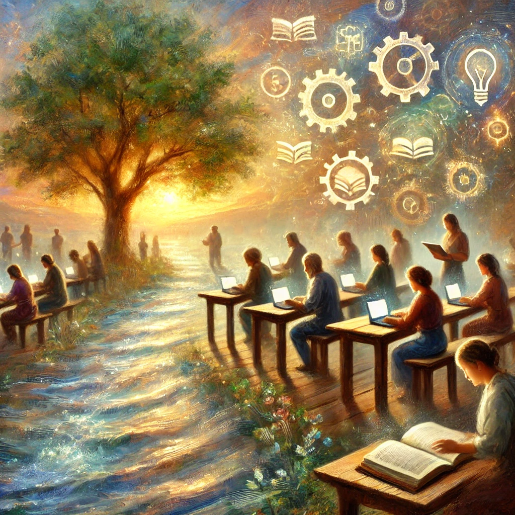 Peinture impressionniste représentant des adultes de diverses origines en pleine formation, assis sous des arbres, utilisant livres et ordinateurs portables. Des symboles flottants – livres, ampoules, engrenages et pièces de puzzle – évoquent les outils pédagogiques et les savoirs. Un paysage doux et lumineux suggère le chemin continu de l’apprentissage, baigné par une lumière dorée d’aube symbolisant l’éveil et le développement personnel.