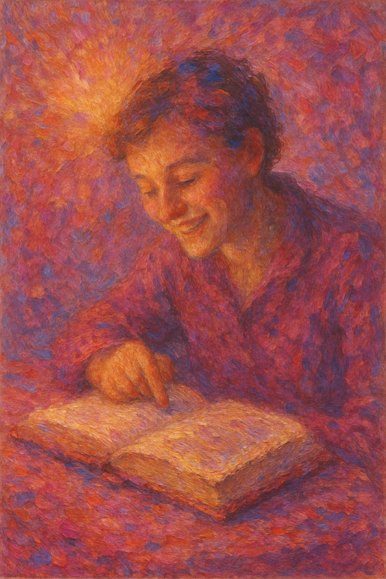Peinture impressionniste représentant une jeune femme souriante penchée sur un livre ouvert. Elle suit les lignes du doigt, concentrée et apaisée. Des touches de rose, mauve et violet, relevées de notes orangées et bleues, créent une atmosphère lumineuse et chaleureuse, comme si la lecture faisait jaillir la clarté autour d’elle.