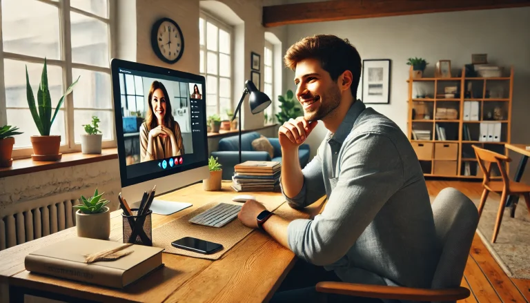 Un homme assis à son bureau chez lui participe à une visioconférence de formation. Sur l'écran, une formatrice souriante l'accueille. Le bureau est bien rangé avec un ordinateur portable, un carnet, un stylo et une tasse de café. La lumière naturelle entre par la fenêtre. Image IA