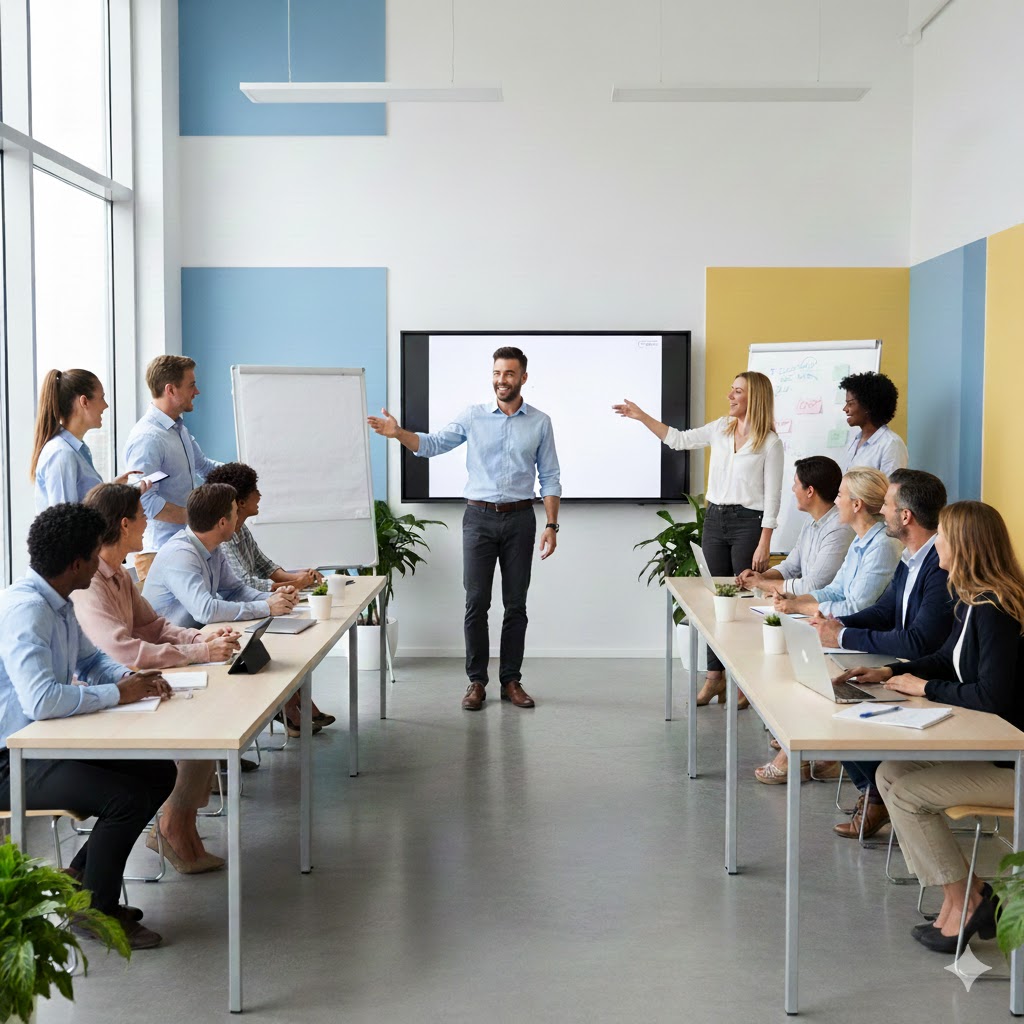 Image montrant un formateur souriant et engagé au centre d'une salle de formation moderne et lumineuse. Il est entouré d'un groupe d'apprenants adultes également souriants et actifs, assis à des tables. L'ambiance générale est positive et collaborative.