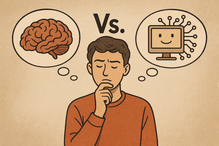 llustration représentant une personne en réflexion, partagée entre un cerveau symbolisant la pensée humaine et un écran évoquant l’intelligence artificielle, mettant en scène le dilemme entre réfléchir par soi-même et s’appuyer sur l’IA pour apprendre.