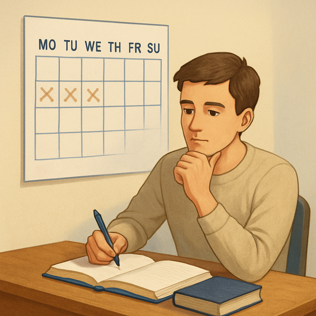 Jeune apprenant assis à un bureau, en train de réfléchir et de réviser. Il tient un stylo au-dessus d’un cahier ouvert. Derrière lui, un calendrier mural avec des cases marquées, symbolisant les jours qui passent et les temps de révision espacés.