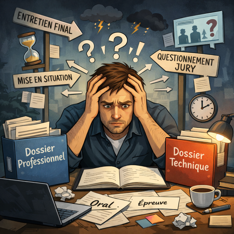 Illustration d’un apprenant stressé assis à son bureau, entouré de dossiers et de panneaux indiquant « Dossier professionnel », « Dossier technique », « Mise en situation », « Questionnement jury » et « Entretien final ». Il se tient la tête, l’air perdu, avec des points d’interrogation au-dessus de lui, symbolisant la confusion face à la certification FPA.