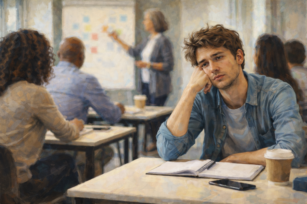 Peinture montrant un apprenant assis à une table, le regard détourné, tandis que d’autres personnes participent à une formation en arrière-plan.