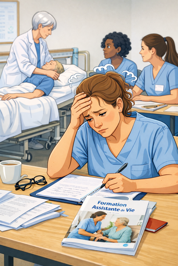 Illustration dessinée d’une apprenante en formation assistante de vie, assise à une table avec des documents de cours. Elle tient sa tête d’une main, l’air fatigué et préoccupé. En arrière-plan, une situation de formation pratique autour d’un lit médicalisé, avec une formatrice et d’autres apprenantes. L’ensemble évoque une difficulté d’apprentissage et une surcharge cognitive en contexte de formation professionnelle.