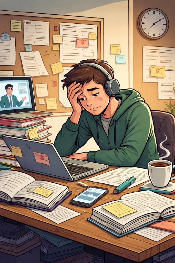 Illustration d’un apprenant adulte débordé assis devant un ordinateur. La table est couverte de livres ouverts, de notes et de feuilles. L’apprenant tient sa tête dans sa main et semble fatigué et perdu. Sur l’écran apparaît un formateur en classe virtuelle, tandis que l’apprenant travaille seul. L’ensemble de la scène illustre la surcharge de travail et le manque d’accompagnement dans un parcours de formation à distance.