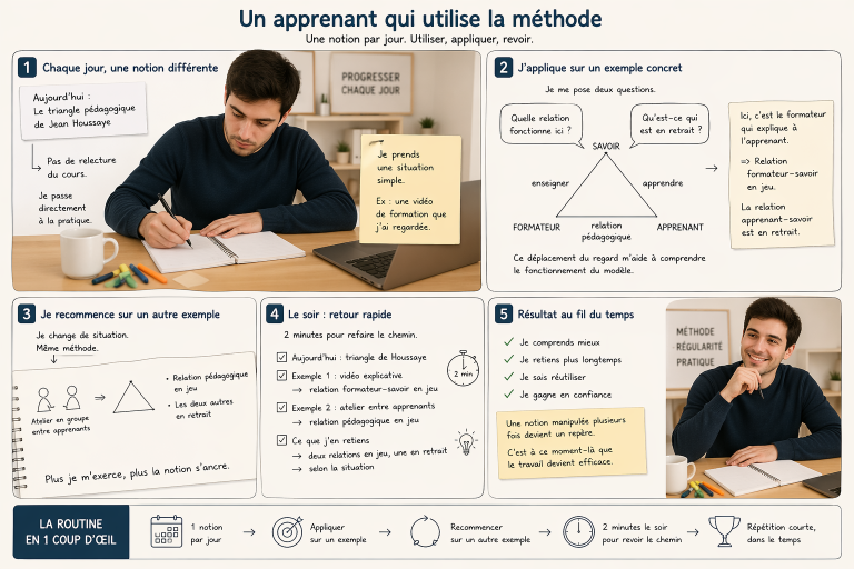 Infographie montrant un apprenant qui applique une méthode de travail : choisir une notion, l’utiliser sur un exemple, recommencer, puis faire un retour rapide pour mieux retenir.