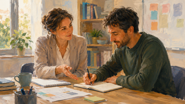 Illustration d’un accompagnement professionnel en formation ou insertion. Une conseillère guide un adulte assis à une table, sans faire à sa place. L’homme écrit dans son carnet pendant qu’elle l’oriente avec un geste ouvert. L’ambiance est calme, lumineuse et bienveillante.