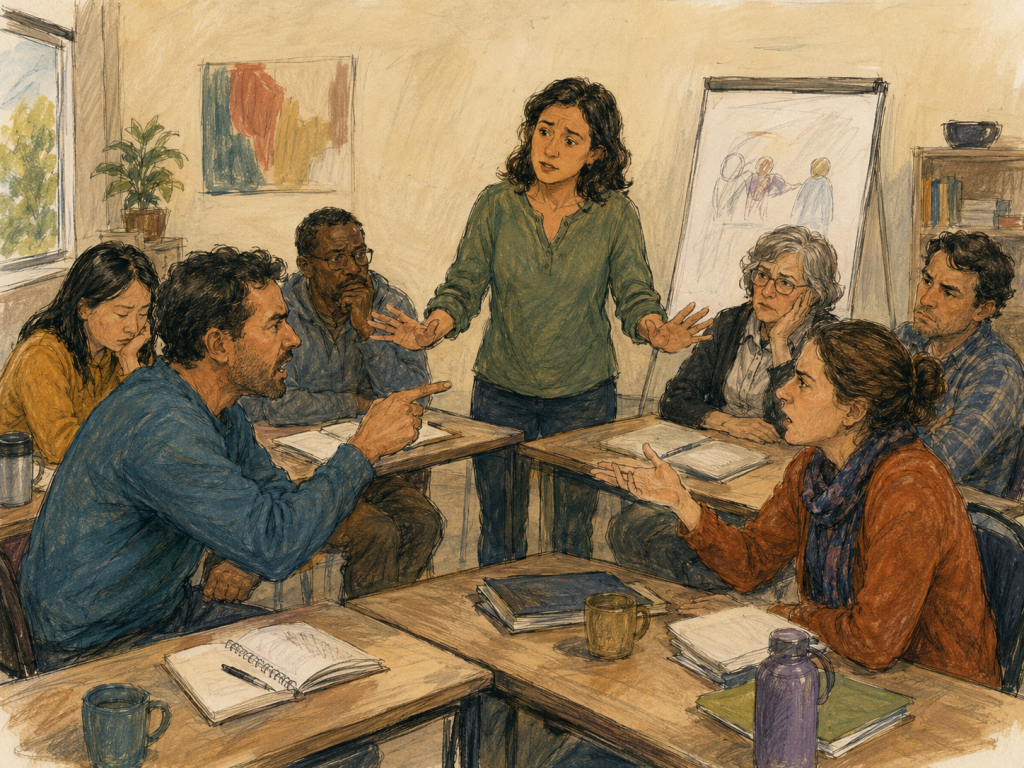 « Illustration d’un conflit dans un groupe d’apprenants adultes en formation. Deux participants s’opposent autour d’une table, tandis que la formatrice tente d’apaiser la situation. Les autres apprenants observent, certains inquiets ou en retrait. »