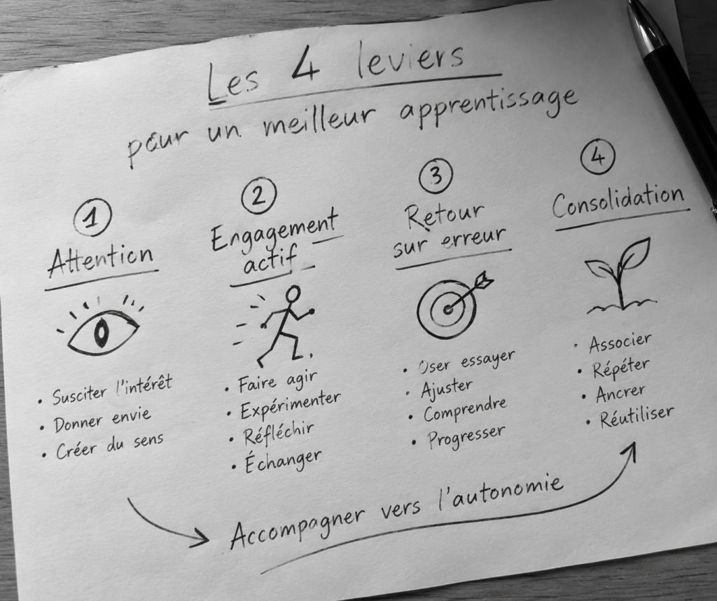 Schéma manuscrit en noir et blanc présentant les quatre leviers d’un meilleur apprentissage : attention, engagement actif, retour sur erreur et consolidation, avec une flèche vers l’accompagnement vers l’autonomie.