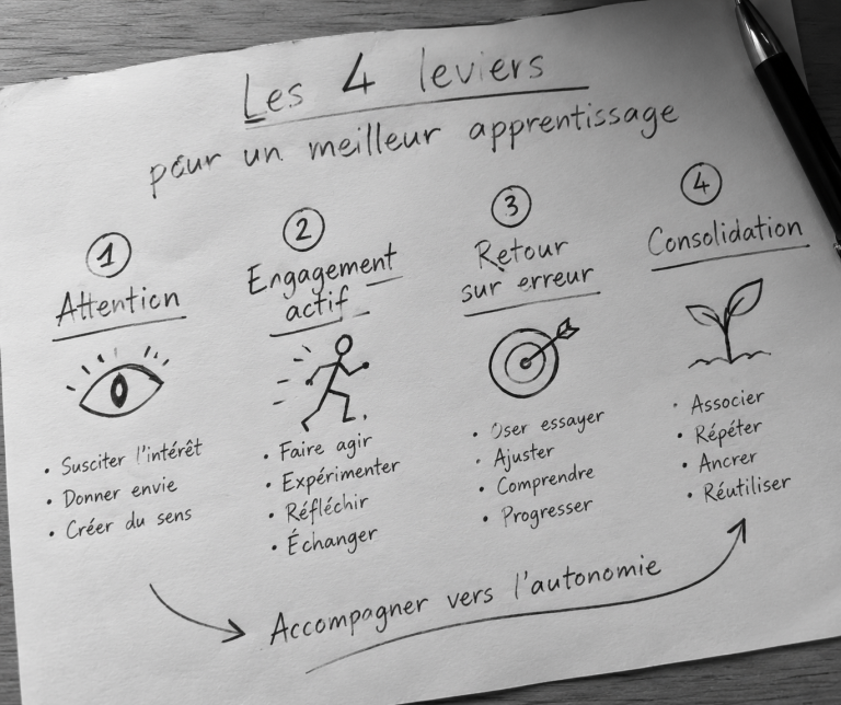 Schéma manuscrit en noir et blanc présentant les quatre leviers d’un meilleur apprentissage : attention, engagement actif, retour sur erreur et consolidation, avec une flèche vers l’accompagnement vers l’autonomie.